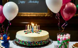 ai genererad ljuv firande färgrik kaka och glad stunder på en barns födelsedag fest ai genererad foto