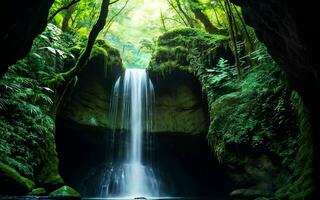 ai genererad underjordiska grotta vattenfallets dold skönhet ai genererad foto