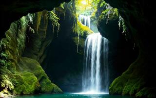 ai genererad underjordiska grotta vattenfallets dold skönhet ai genererad foto