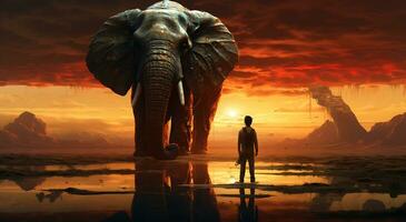 ai genererad en stor djur- elefant och en man är stående foto