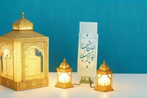 ai genererad firande av islamic eid mubarak och eid al Adha lykta bakgrund och baner design. proffs Foto