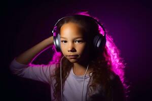 ai genererad flicka lyssnande till musik med trådlös hörlurar neon ljus. neuralt nätverk ai genererad foto