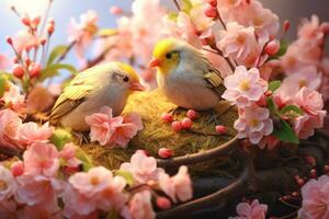 ai genererad närbild av liten fåglar i en bo, omgiven förbi rosa blommar. idealisk för naturtema innehåll. foto