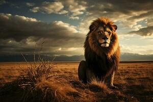 ai genererad porträtt av ett vuxen lejon Sammanträde i de savann. genererad förbi artificiell intelligens foto