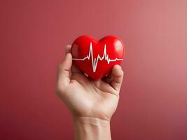 ai genererad hjärtans dag begrepp 3d röd hjärta med kardiogram och hand närbild foto