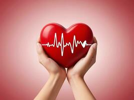 ai genererad hjärtans dag begrepp 3d röd hjärta med kardiogram och hand närbild foto
