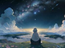 ai genererad anime karaktär med starry himmel och himmelsk stjärna visuell ny bakgrund foto