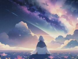 ai genererad anime karaktär med starry himmel och himmelsk stjärna visuell ny bakgrund foto