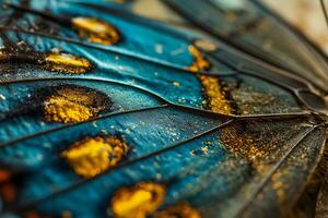 ai genererad makro skönhet, blå guld fjäril skalor foto