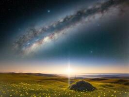 ai genererad overkligt landskap med fält och natur ser på de himmelsk starry himmel majestätisk bakgrund foto