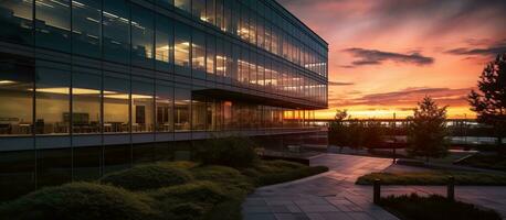 ai genererad kontor byggnad exteriör med solnedgång se foto
