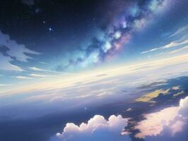 ai genererad kretsande ovan moln ser på de himmelsk starry himmel och planet långt bortom foto