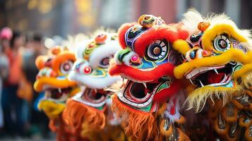 ai genererad en grupp av kinesisk lejon dansare prestera i en gata. dongzhi festival. generativ ai foto