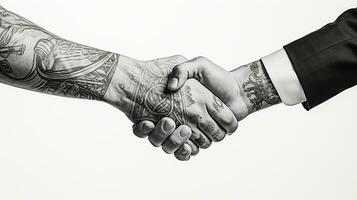 ai genererad tatuering handslag två affärsmän betecknar framgångsrik avtal vit bakgrund. generativ ai foto