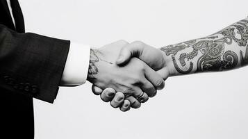 ai genererad tatuering handslag två affärsmän betecknar framgångsrik avtal vit bakgrund. generativ ai foto