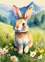 ai genererad kaniner i de illustration var njuter en skön dag på de gräs generativ ai foto