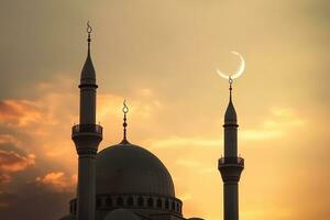 ai genererad ramadan kareem. lång minareter, moské kupol och halvmåne och lysande stjärna i de himmel. religiös bakgrund. foto