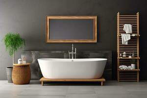 ai genererad 3d återges minimal stil modern badrum interiör design med badkar foto