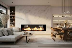 ai genererad 3d återges minimal stil modern levande rum interiör design med soffa och öppen spis foto