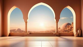 ai genererad podium bakgrund i ramadan Semester minimalism stil . orientalisk arabicum design med nyanser av pastell färger. foto