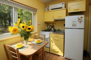 ai genererad rena minimalistisk gul stil små kök professionell reklam fotografi foto