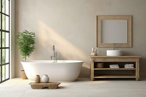 ai genererad 3d återges minimal stil modern badrum interiör design med badkar foto