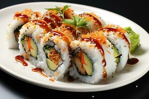 ai genererad sushi japansk mat isolerat i kök tabell professionell reklam mat fotografi foto