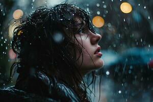 ai genererad en kvinna fångad i en regnstorm de regndroppar blänkande på henne hår och kläder foto