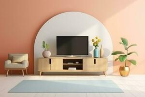 ai genererad 3d återges minimal stil modern TV led på de skåp i modern levande rum på pastell bakgrund foto
