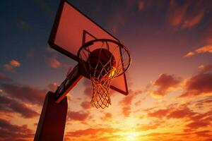 ai genererad spektakulär 3d tolkning basketboll finner de ring i en solnedgång foto