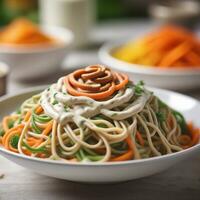 ai genererad huvud kurs spiraliserad vegetabiliska spaghetti med kasju grädde sås. ai generativ foto