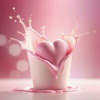 ai genererad en rosa hjärta stänk ut av en kopp av mjölk, mjölk droppande, mjuk 3d framställa för valentines dag. ai generativ foto