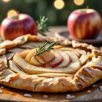 ai genererad efterrätt, äpple rosmarin galette med honung dugga. ai generativ foto