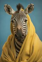 ai genererad porträtt av en zebra bär morgonrock med pastell blå bakgrund foto