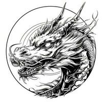 ai genererad svart och vit linje teckning enkel logotyp japansk tre-synat drake huvud. foto