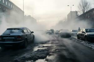 ai genererad luft förorening från de uttömma av bilar i de stad under de kall dag, miljö- förorening i de stad. neuralt nätverk ai genererad foto
