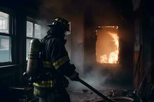 ai genererad brandmän besprutning vatten i brand stridande drift, brand och rädda Träning skola regelbundet. neuralt nätverk ai genererad foto