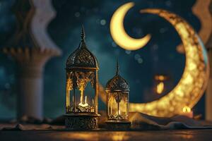 ai genererad dekorativ arabicum lykta lysande inbjudan för muslim helig månad ramadan kareem foto