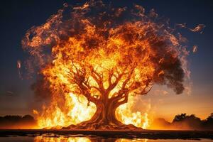 ai genererad en stor träd i de lågor av brand. genererad förbi artificiell intelligens foto