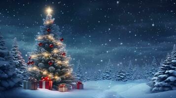ai genererad upplyst tall jul träd snöig skog natt foto