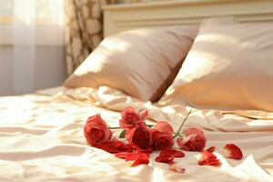 ai genererad romantisk atmosfär reste sig kronblad spridd på en säng i en hotell rum ai genererad foto