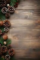ai genererad jul dekoration med tall kottar. jul bakgrund med Plats för text. foto