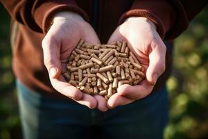 ai genererad manlig händer innehav trä pellets. ecologic bränsle tillverkad från biomassa. förnybar energi källa. foto