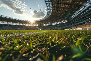 ai genererad frodig grön gräsmatta på fotboll fotboll sporter stadion professionell fotografi foto