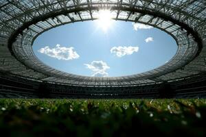 ai genererad frodig grön gräsmatta på fotboll fotboll sporter stadion professionell fotografi foto