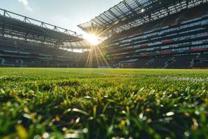 ai genererad frodig grön gräsmatta på fotboll fotboll sporter stadion professionell fotografi foto