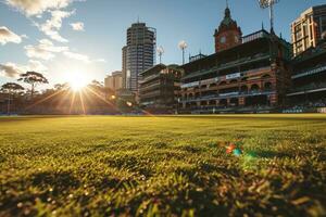 ai genererad frodig grön gräsmatta på fotboll fotboll sporter stadion professionell fotografi foto