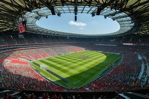 ai genererad frodig grön gräsmatta på fotboll fotboll sporter stadion professionell fotografi foto