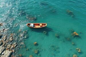 ai genererad skön marinmålning strand hav med färgrik båtar professionell fotografi foto