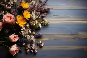 ai genererad trä- tabell med blommor professionell fotografi foto